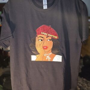 Louis V Black Tee w/Sequin Artistic Graphic
